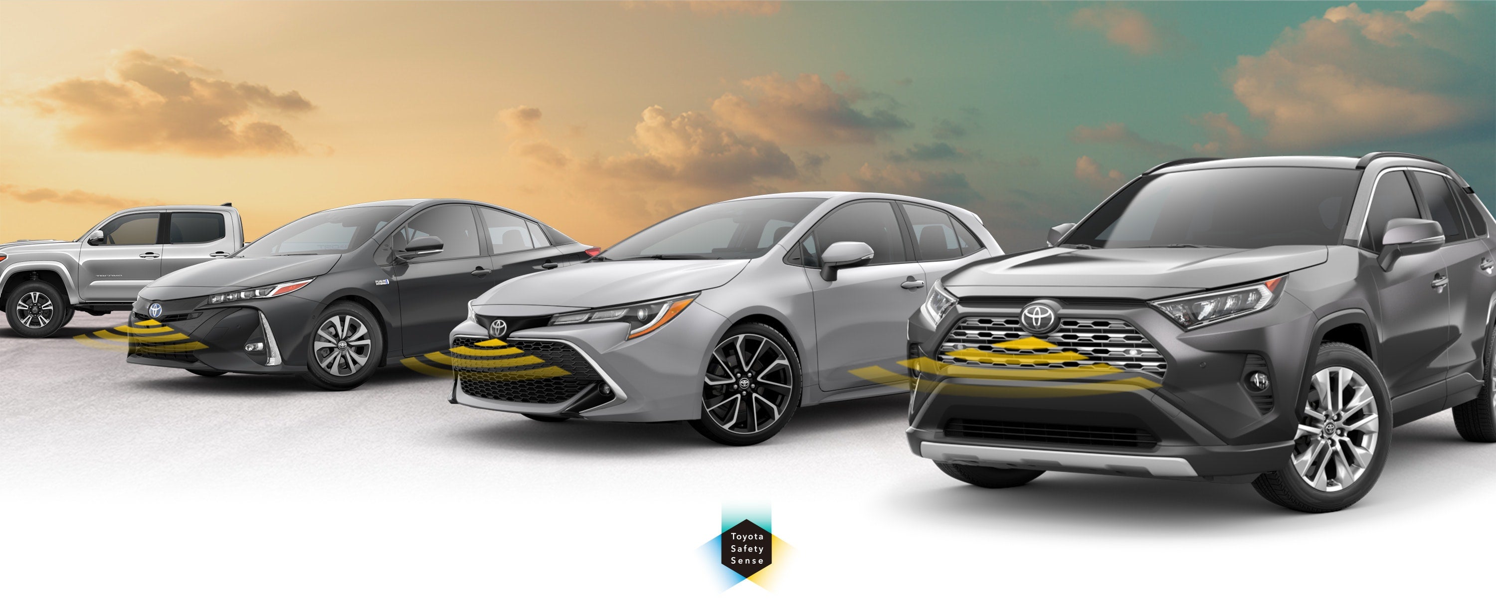 Toyota Safety Sense: Designed for Safety. Options shown on Toyota models including RAV4, Tacoma, and Camry, available now at Toyota of Montgomery in Montgomery AL.